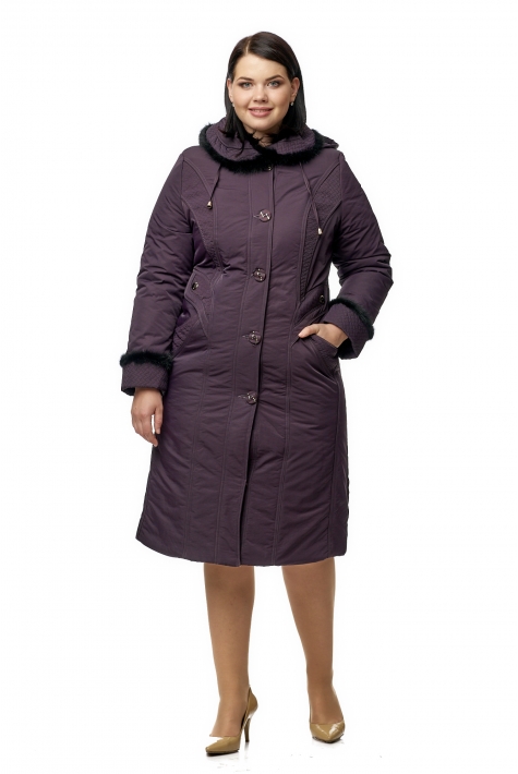 Женское пальто из текстиля с капюшоном, отделка норка 8010057