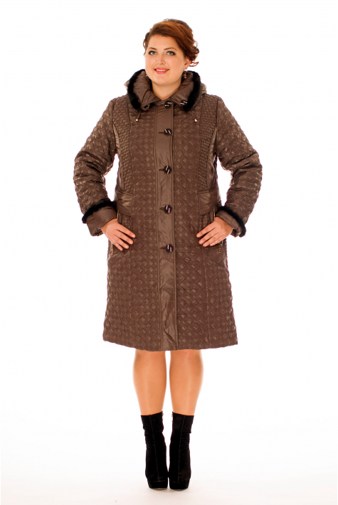 Женское пальто из текстиля с капюшоном, отделка норка 8015949